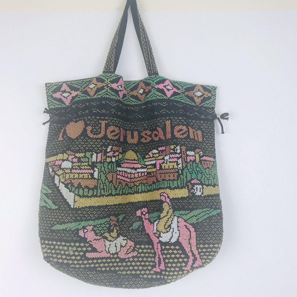 Jerusalem Israel Black Beaded Tote Bag Camel Shoulder Drawstring - Picture 1 of 5